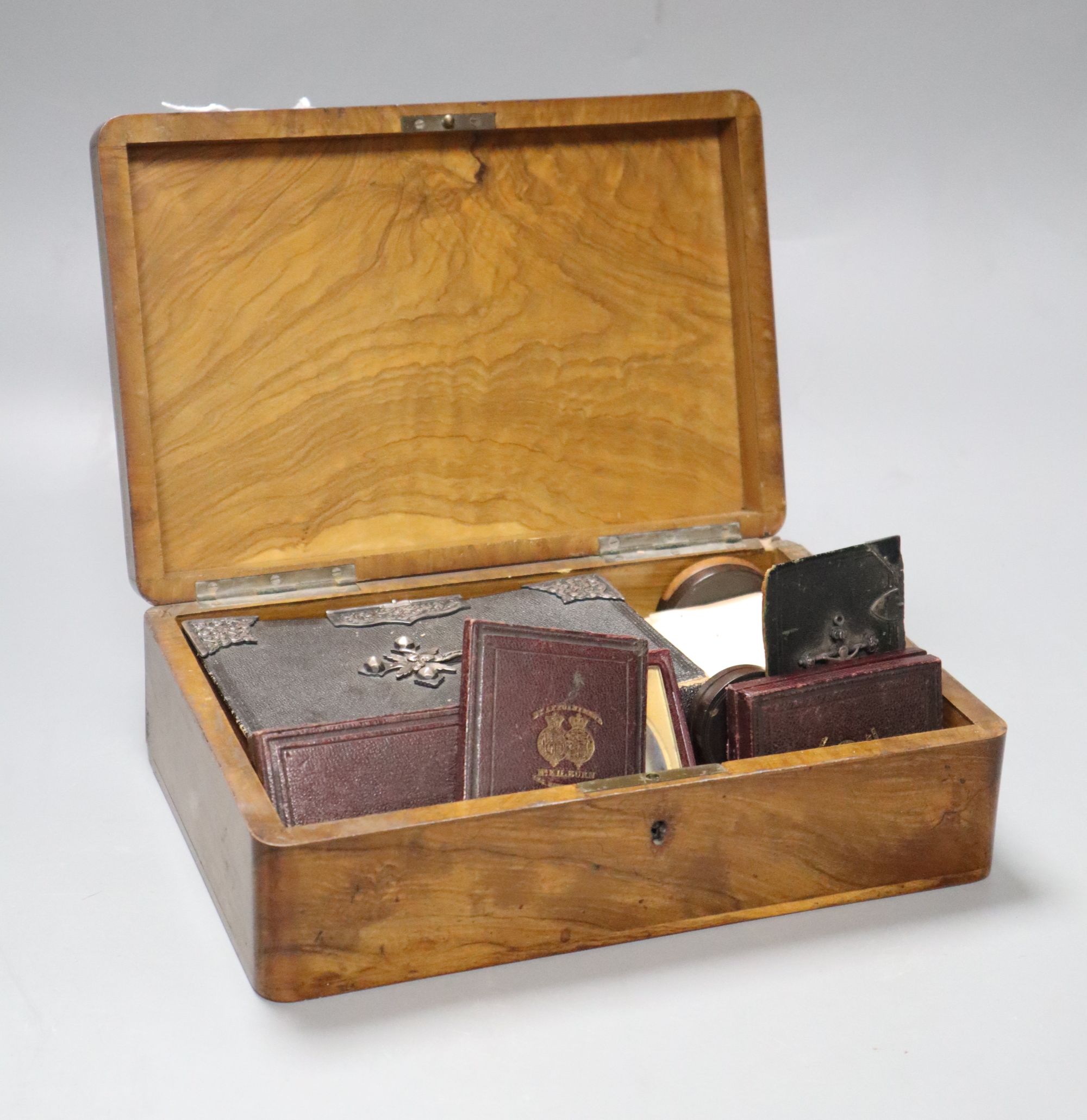 A 19th century French olive wood box, silver mounted bible, etc